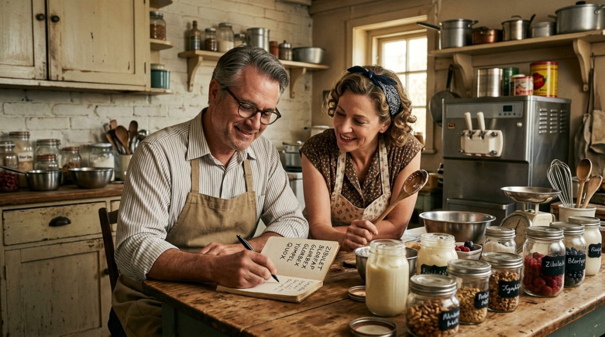 Couple inventant le nom Häagen-Dazs dans une cuisine vintage