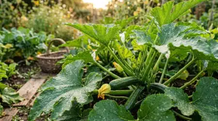 Jeunes courgettes vertes entre les feuilles au potager