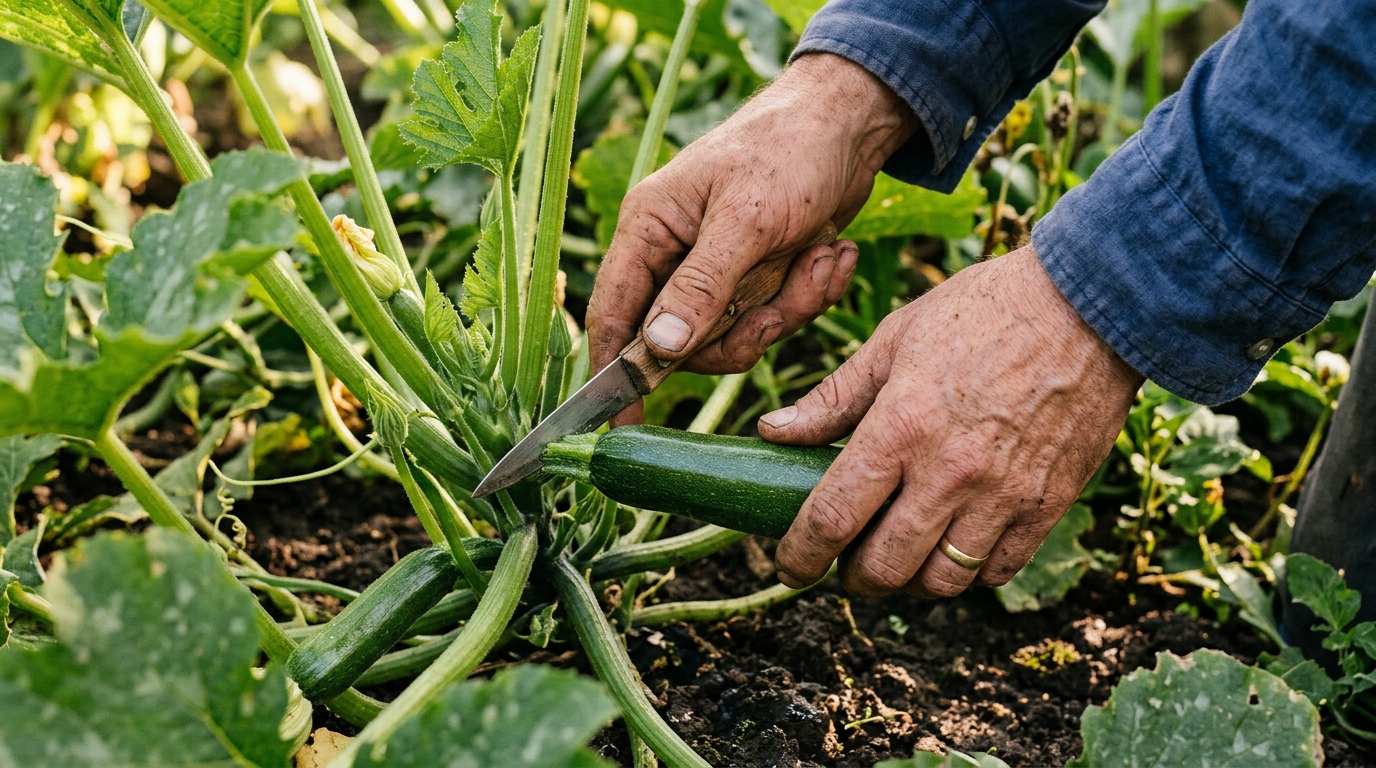 Main coupant une courgette avec un couteau