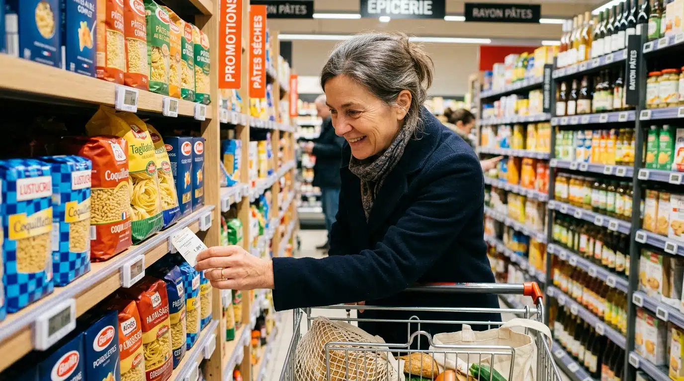 Personne souriante poussant un caddie en supermarché