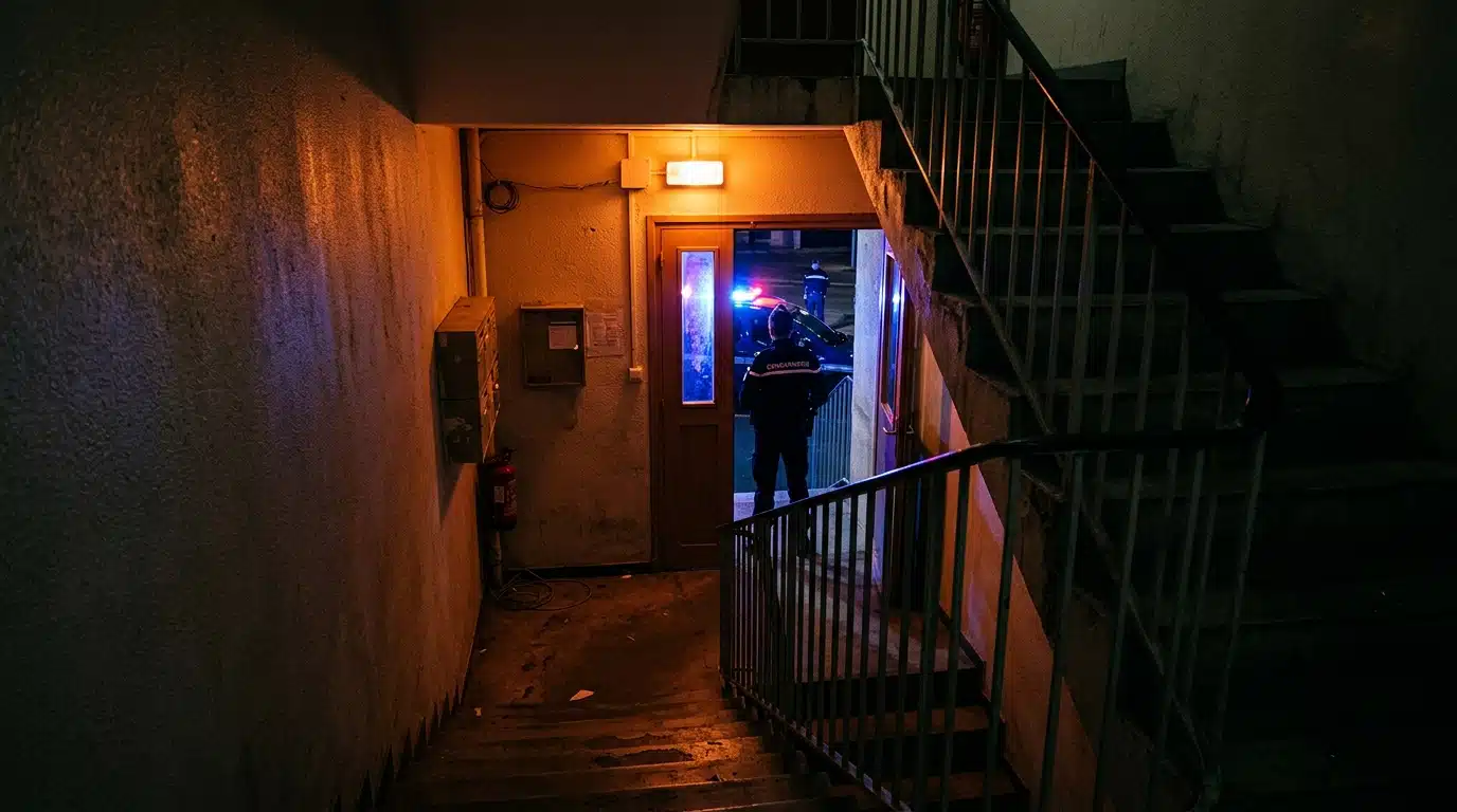 Immeuble du Cap d'Agde de nuit avec policiers