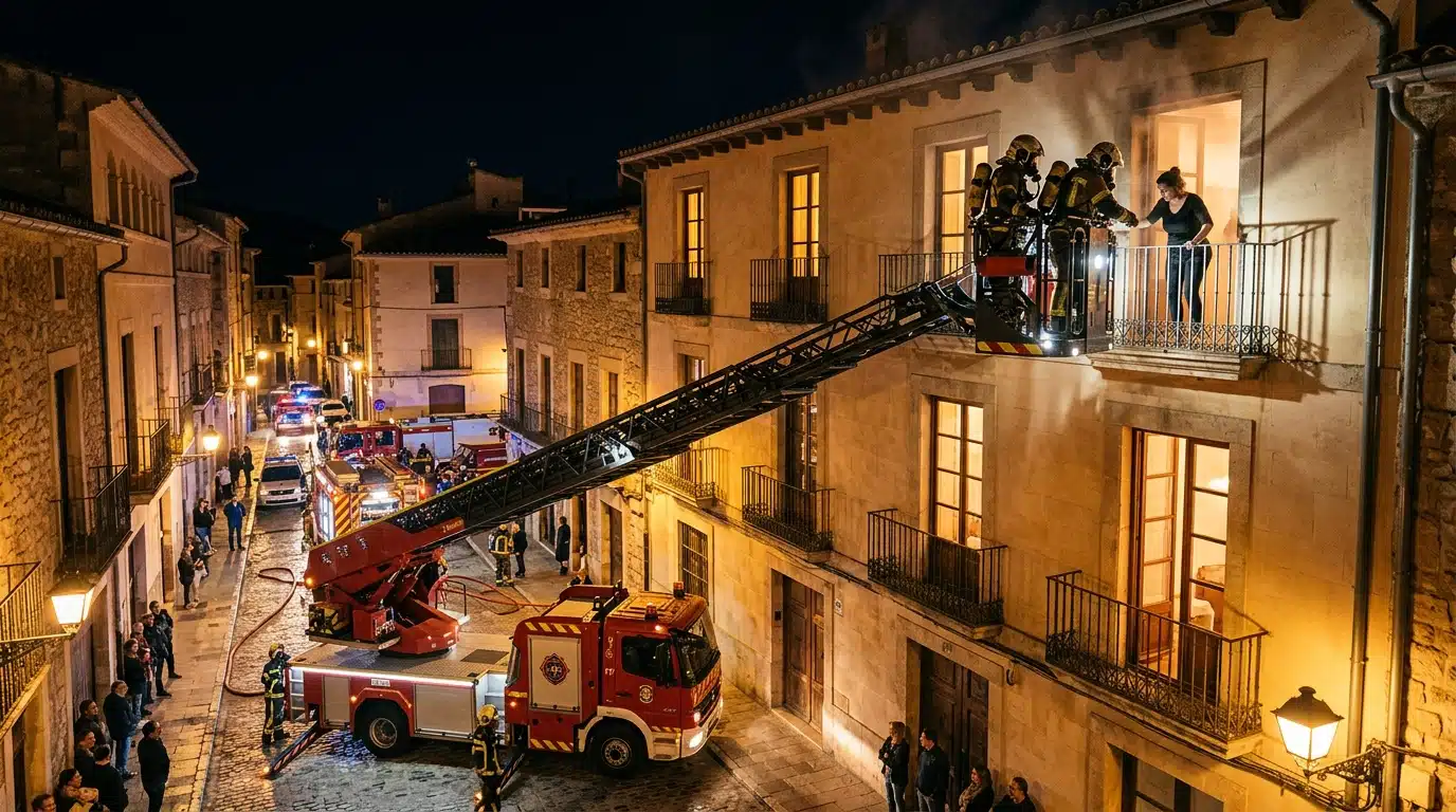 Pompiers grande échelle façade immeuble nuit