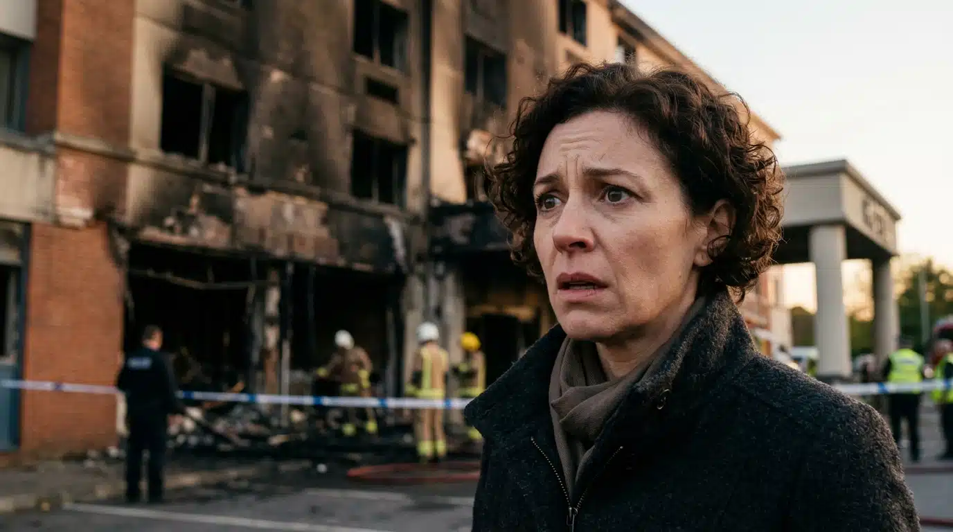 Visage inquiet face à une façade d'hôtel incendiée