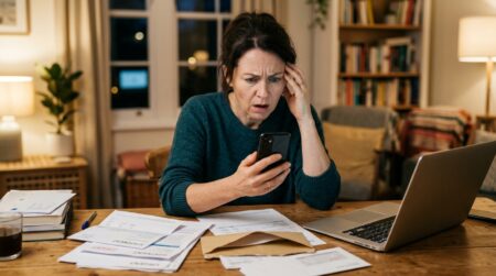 Homme inquiet regardant un smartphone avec méfiance