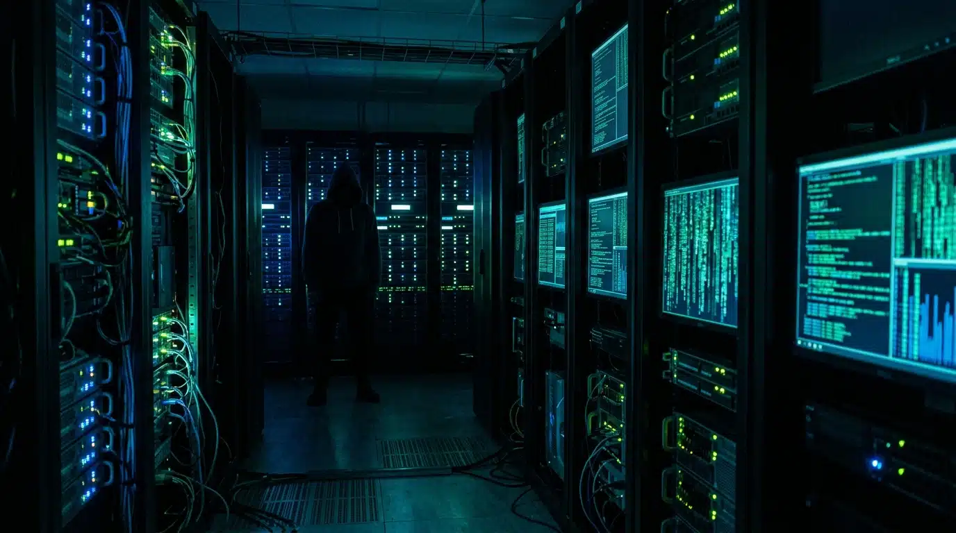 Salle de serveurs sombre avec écrans de code lumineux