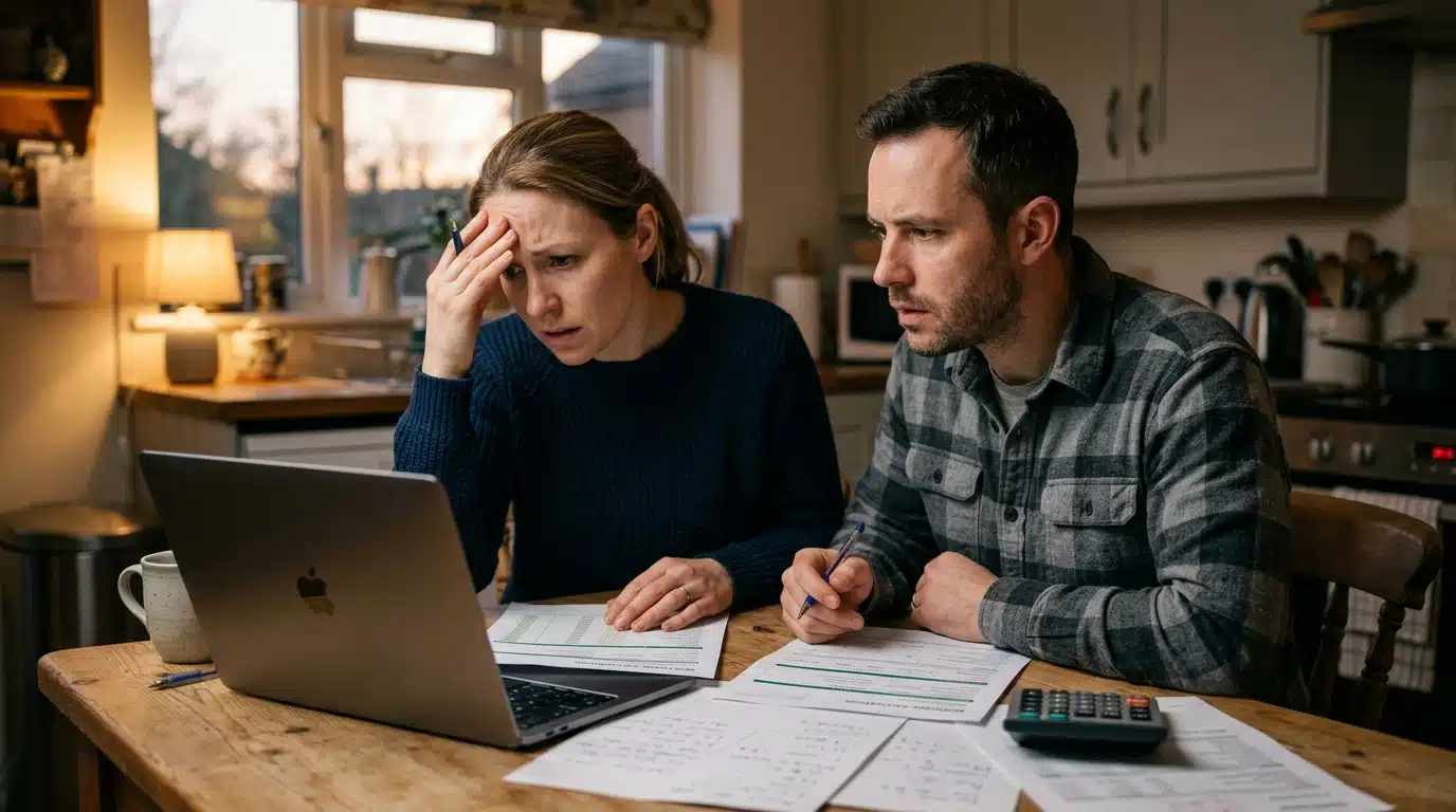 Couple inquiet consultant des documents de crédit immobilier