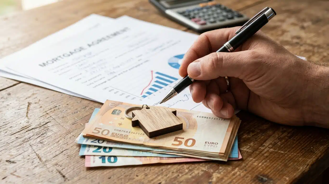 Stylo, clé maison et billets sur contrat de prêt