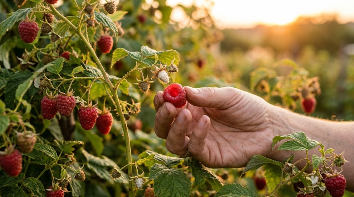 Cueillette d'une framboise montrant son cœur creux