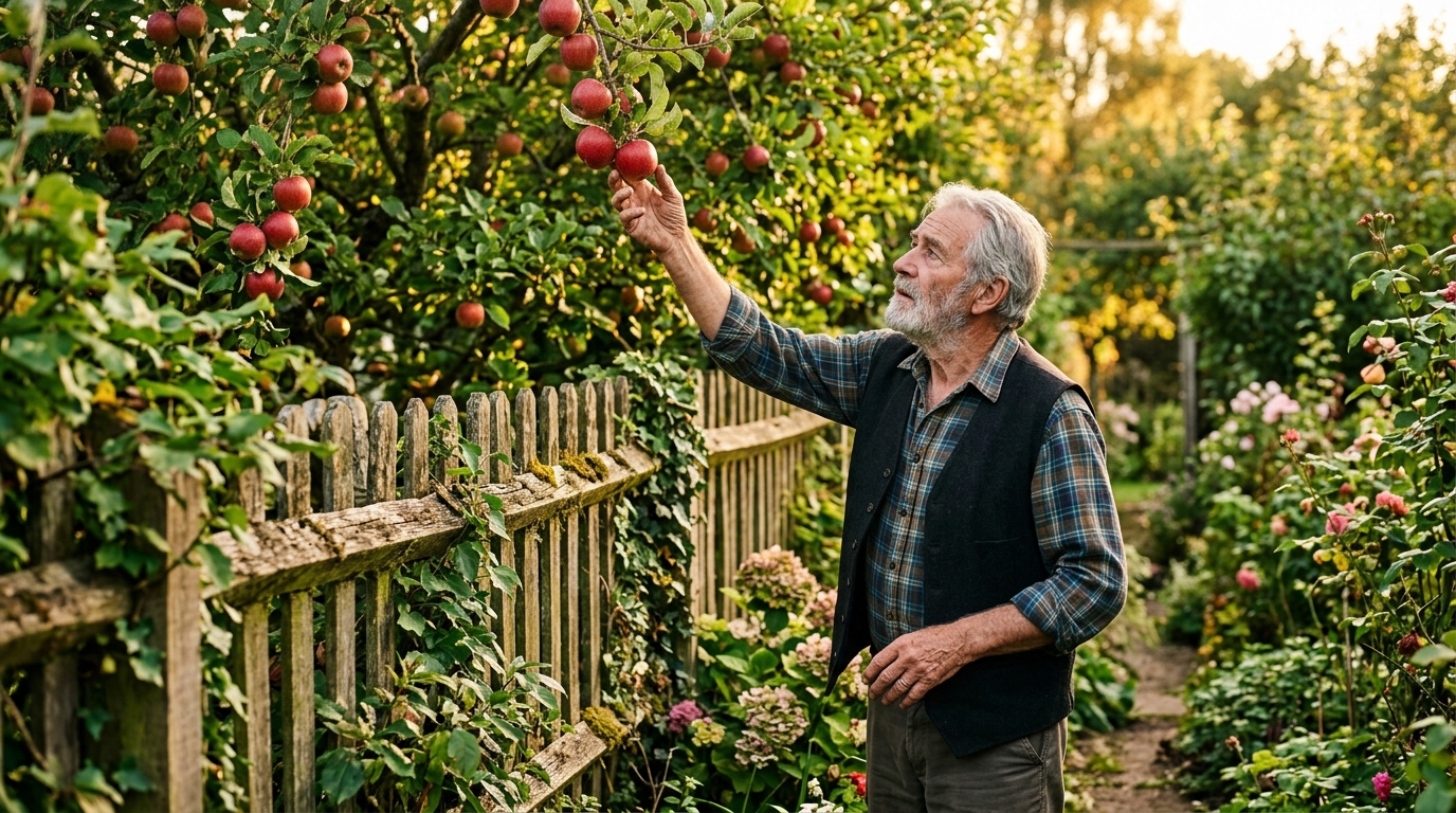 Homme âgé tenté de cueillir des pommes du voisin