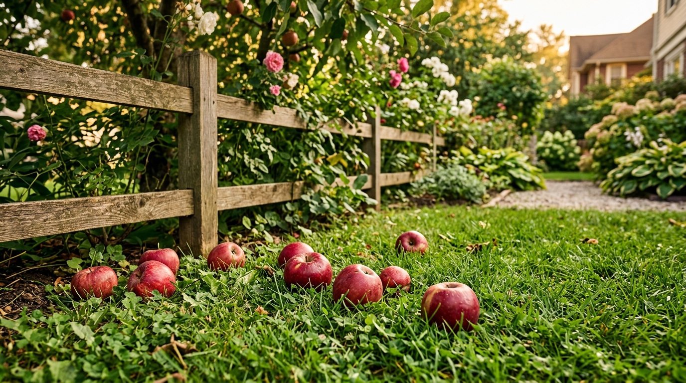 Pommes tombées naturellement dans l'herbe du jardin