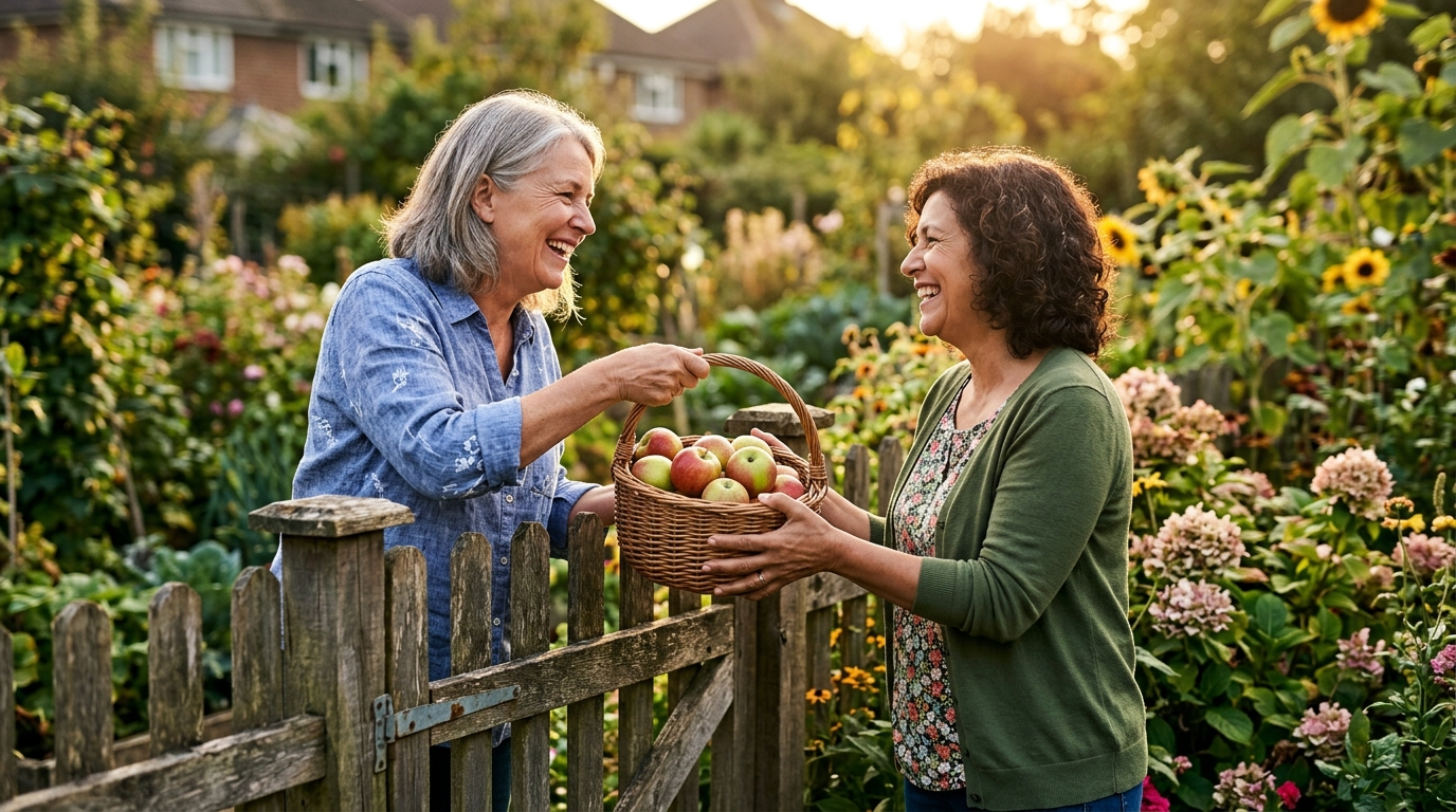 Voisins se partageant un panier de pommes récoltées