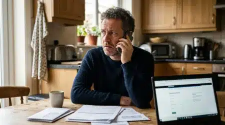 Personne inquiète au téléphone devant des documents fiscaux