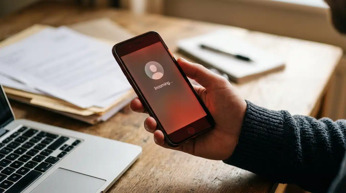 Smartphone affichant un appel entrant sur un bureau