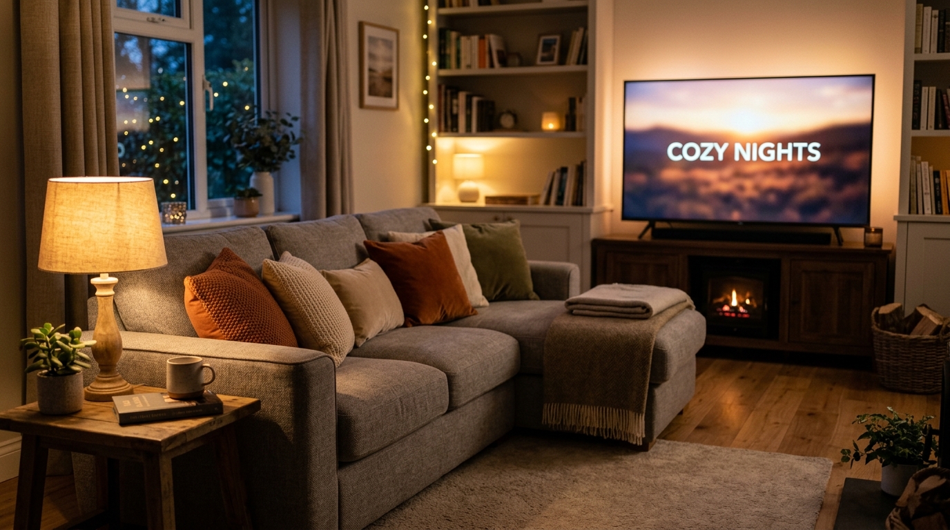 Salon confortable avec télévision allumée le soir