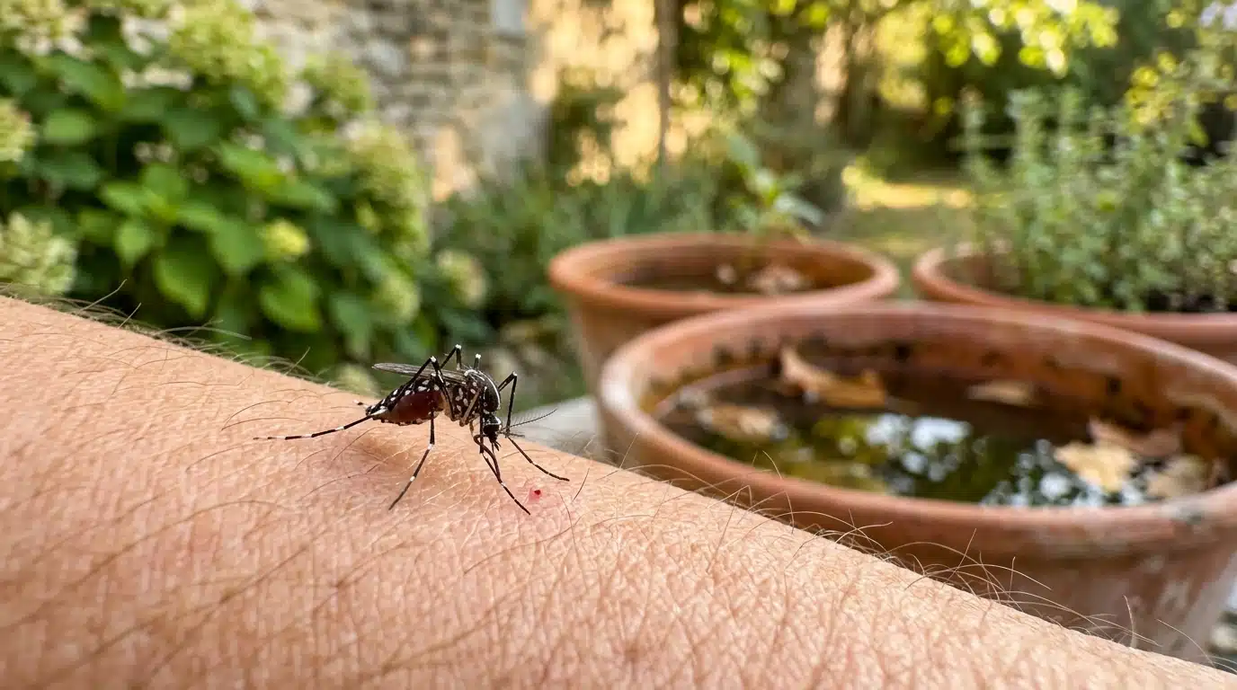 Moustique tigre posé sur une peau au soleil