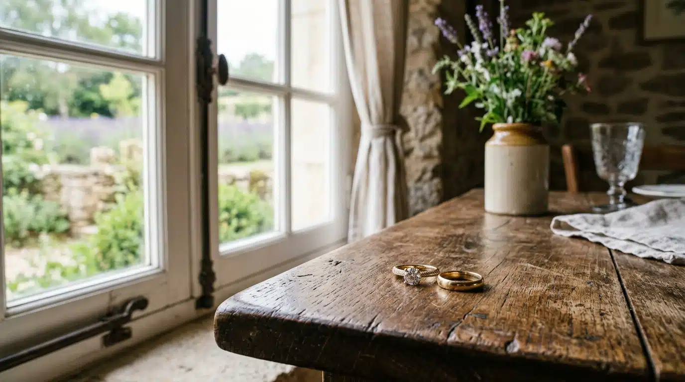 Deux alliances posées sur une table en bois