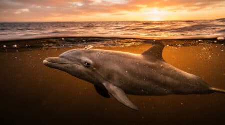 Dauphin nageant avec un œil ouvert au coucher du soleil