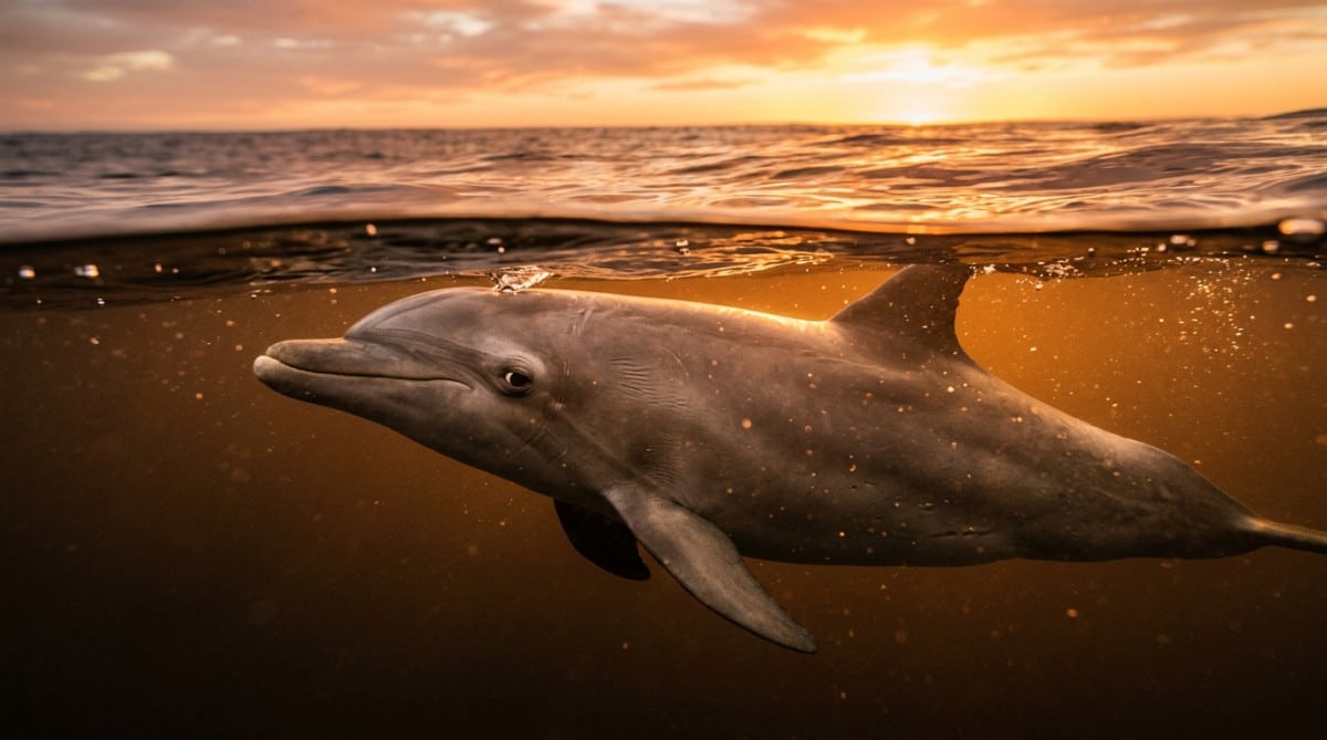 Dauphin nageant avec un œil ouvert au coucher du soleil