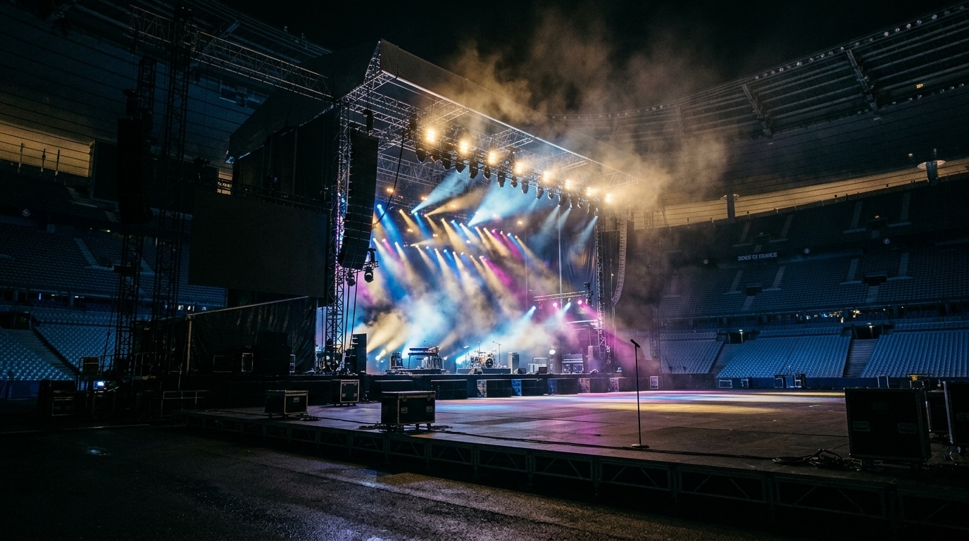 Scène de concert vide évoquant la carrière musicale familiale