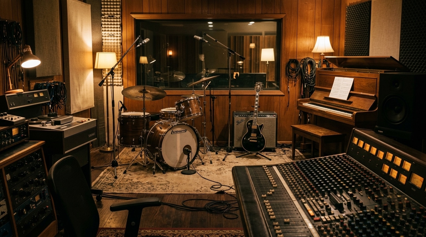 Studio de musique évoquant l'apprentissage de la batterie, guitare et piano