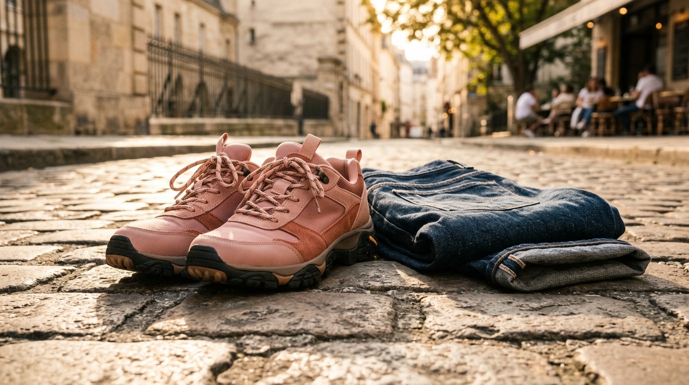 Chaussures de randonnée roses posées sur un trottoir pavé