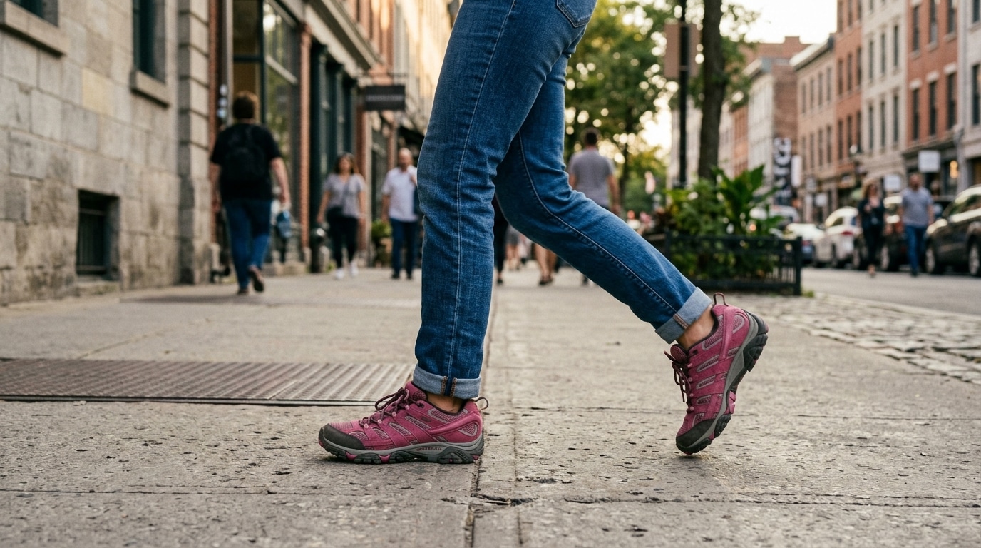Jeune femme marchant en ville avec des chaussures techniques roses
