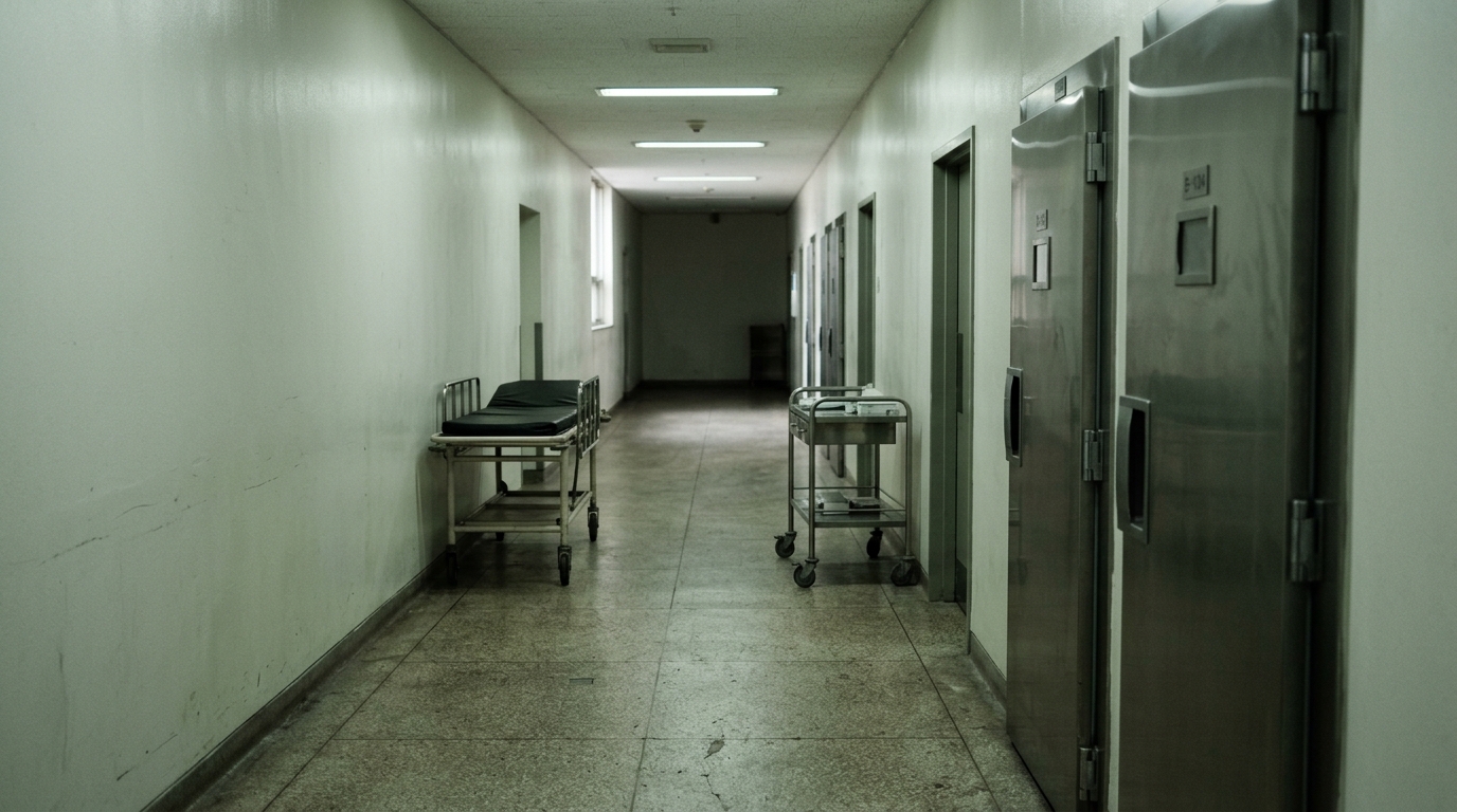 Couloir de morgue vide avec civière abandonnée