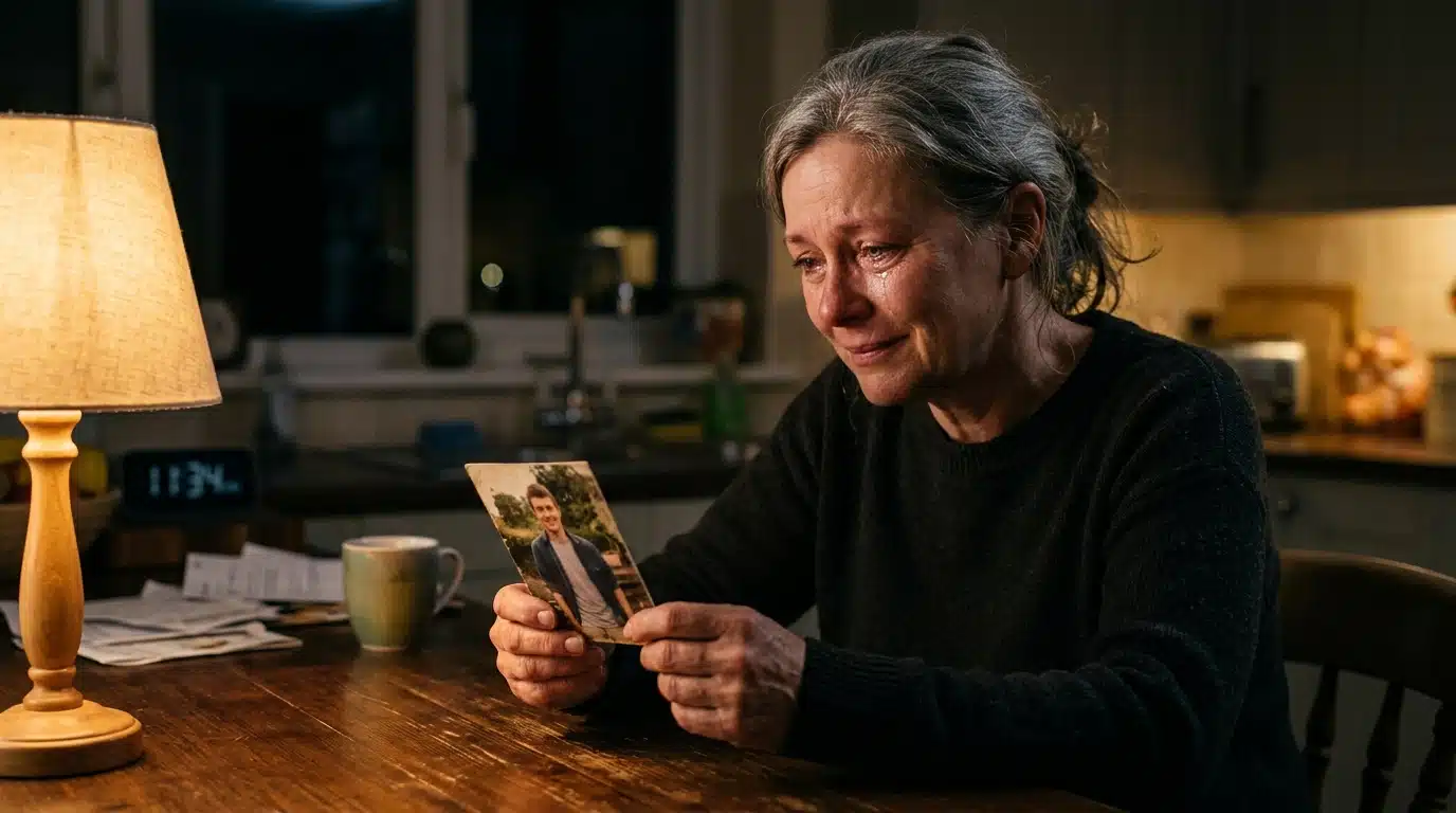 Mère bouleversée tenant une photo de son fils disparu