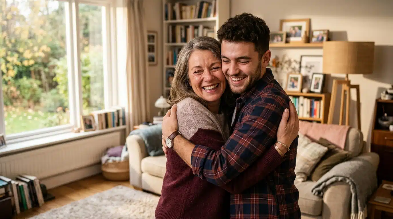 Mère et fils enlacés lors de leurs retrouvailles émouvantes