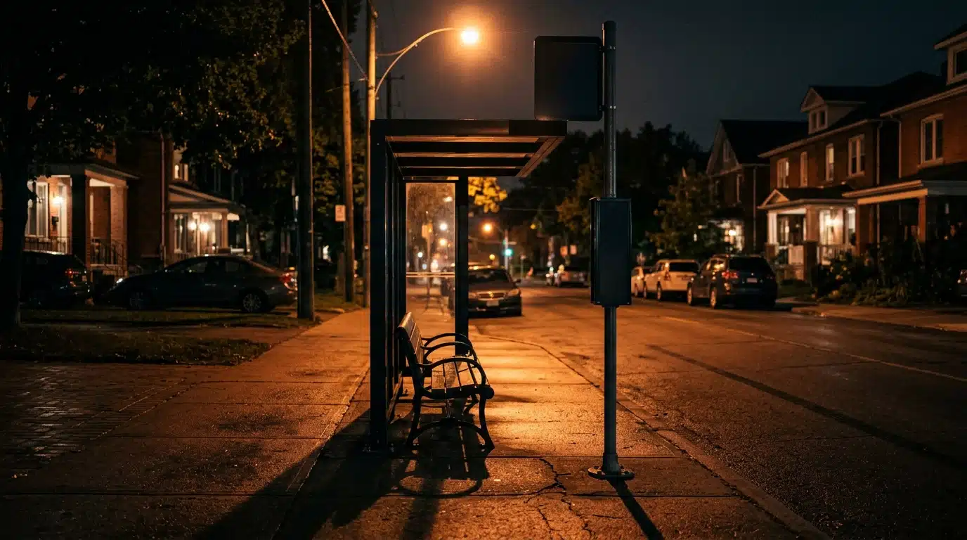 Arrêt de bus vide de nuit dans une rue américaine