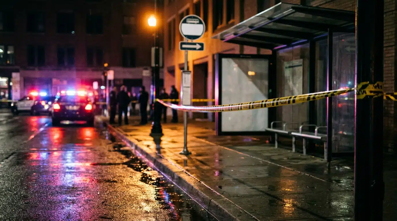 Ruban de police tendu près d'un arrêt de bus la nuit