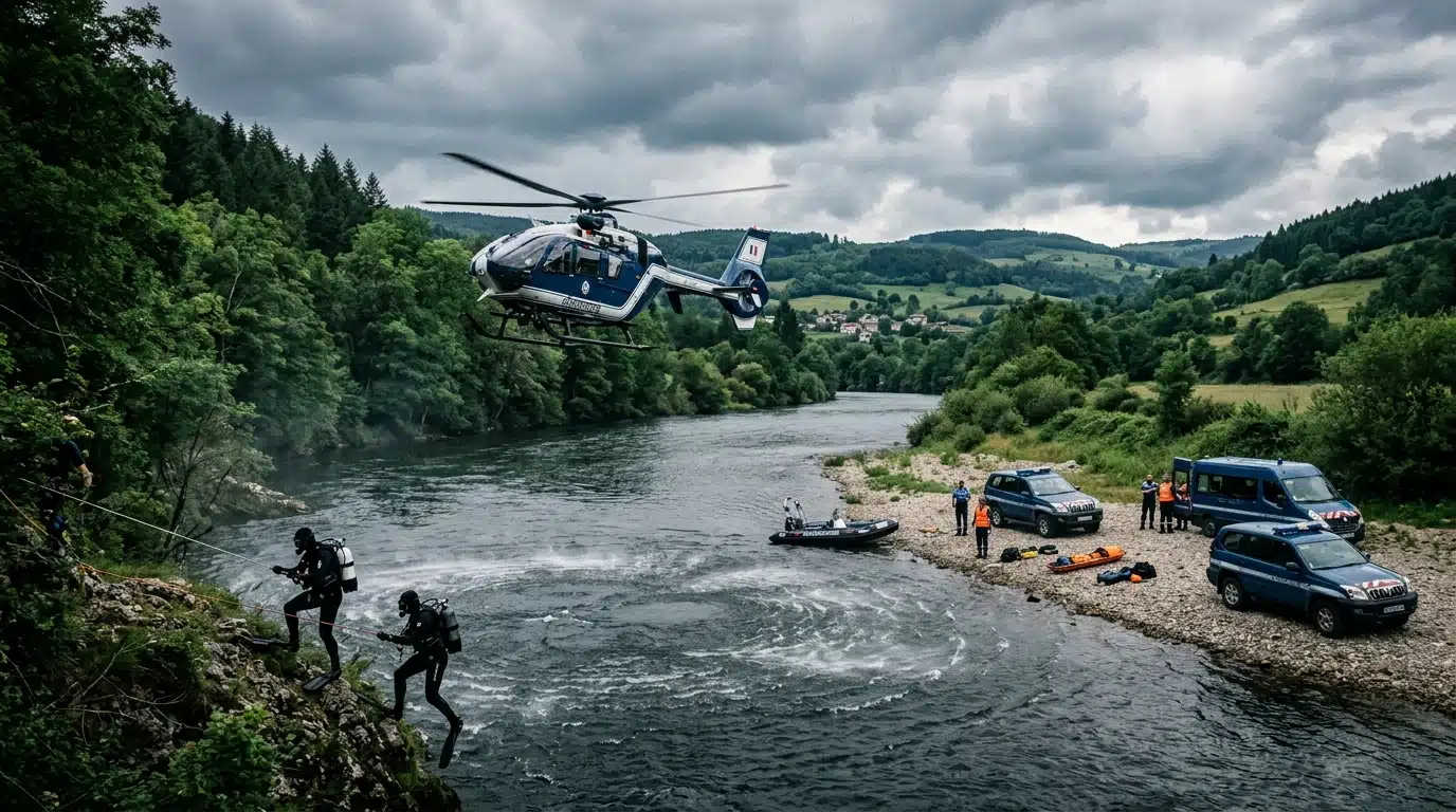 Hélicoptère et plongeurs lors des recherches en rivière