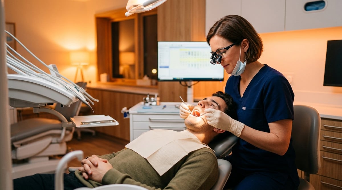 Dentiste examinant un patient sensible au réflexe pharyngé