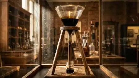 Goutte de poix noire suspendue dans un entonnoir de verre