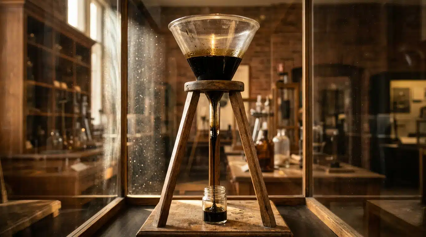 Goutte de poix noire suspendue dans un entonnoir de verre