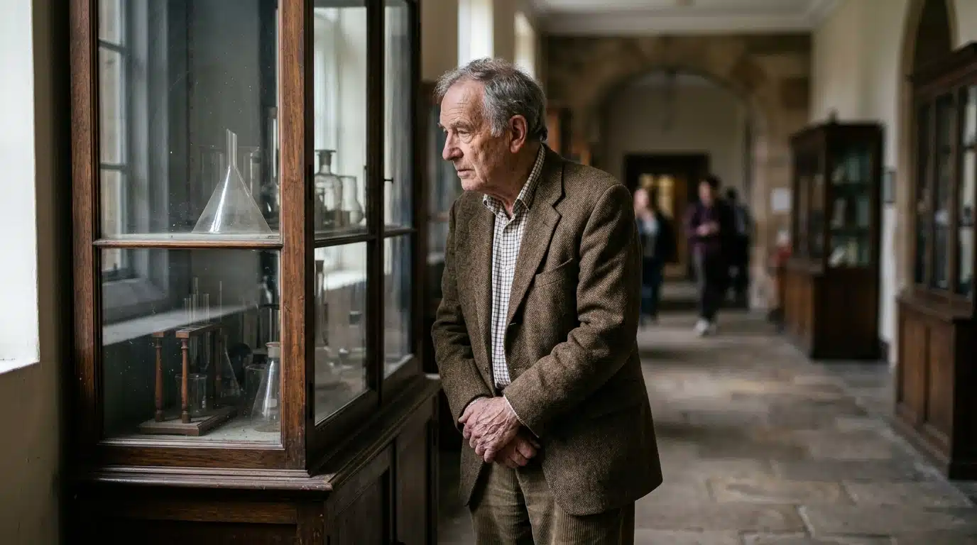 Scientifique âgé observant une vitrine de laboratoire ancienne