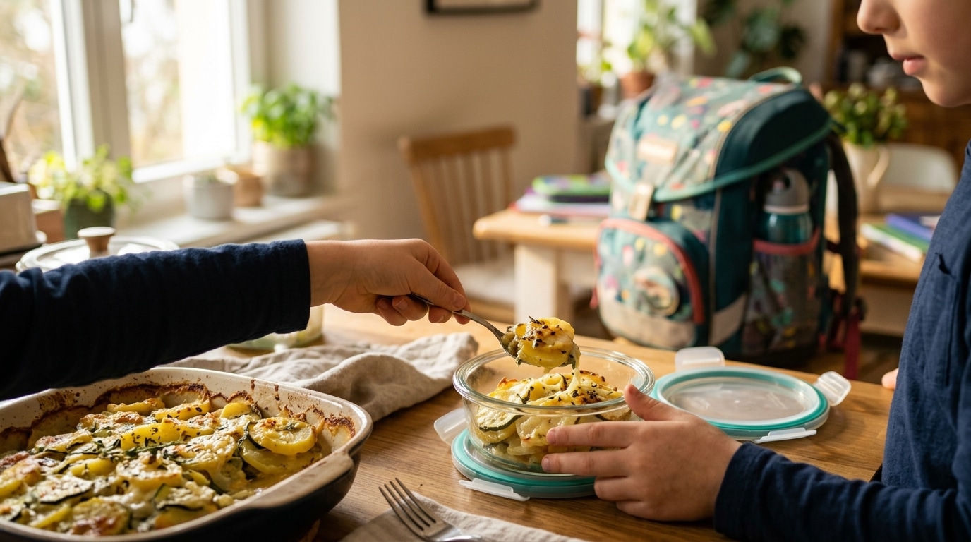 Lunch box avec restes de gratin pour la rentrée