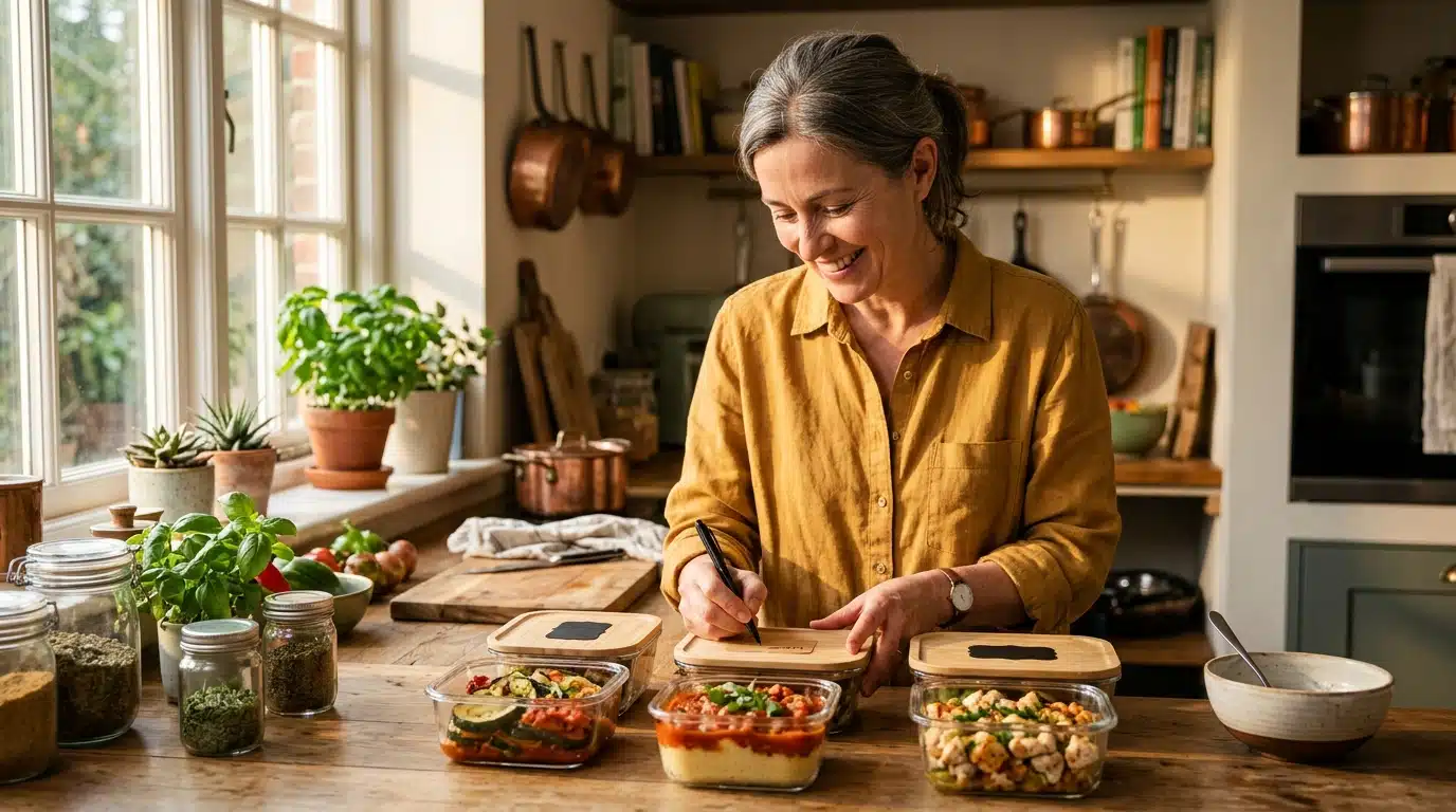 Femme préparant des boîtes de batch cooking le dimanche