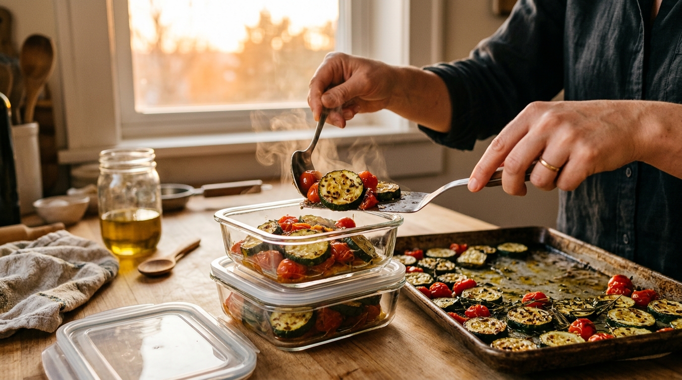 Courgettes et tomates rôties transférées dans des contenants en verre