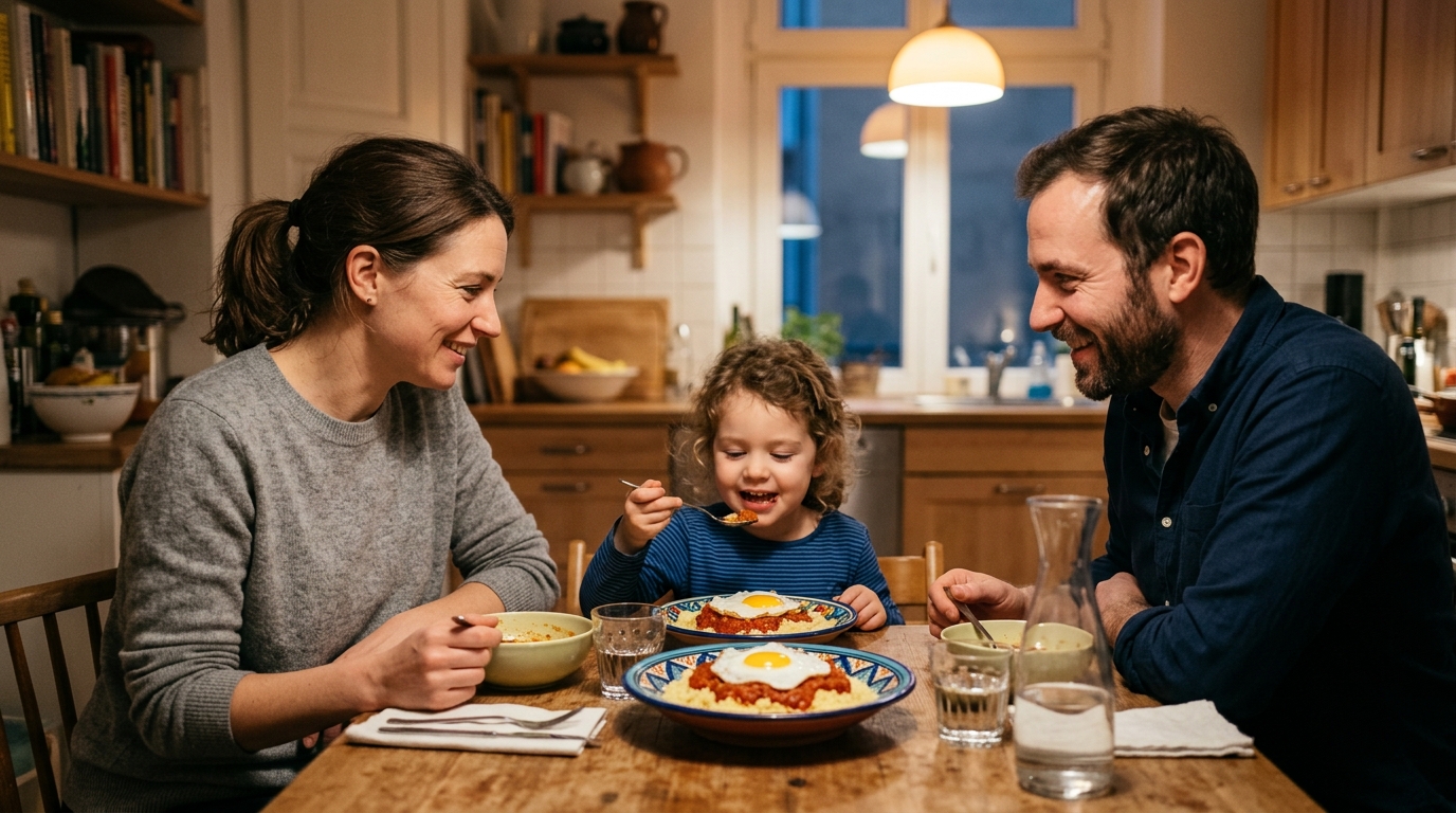 Famille dînant rapidement grâce au batch cooking de la semaine