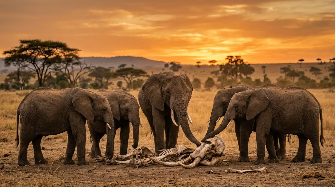 Éléphants se recueillant autour d'un des leurs décédé