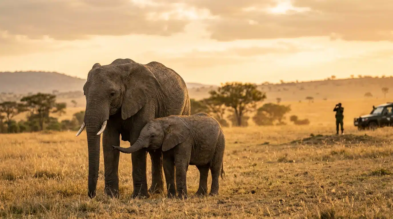 Éléphanteau et sa mère protégés dans la savane