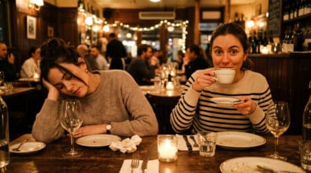 Deux amis réagissent différemment au café après le repas