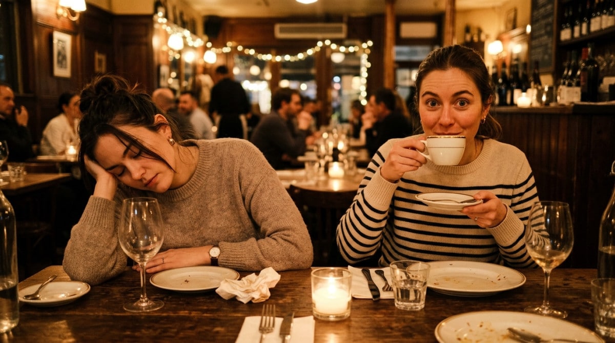 Deux amis réagissent différemment au café après le repas