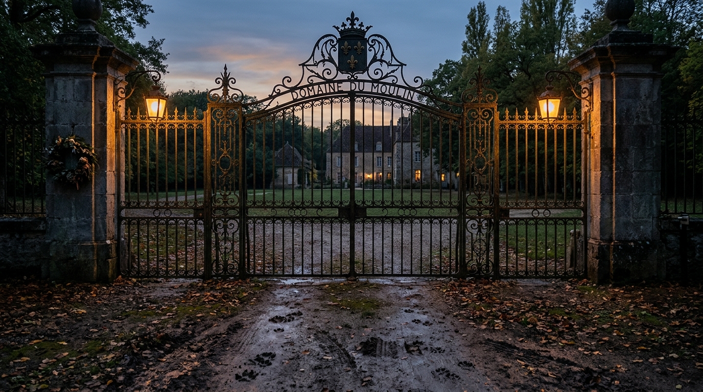 Le portail du domaine de Douchy au crépuscule