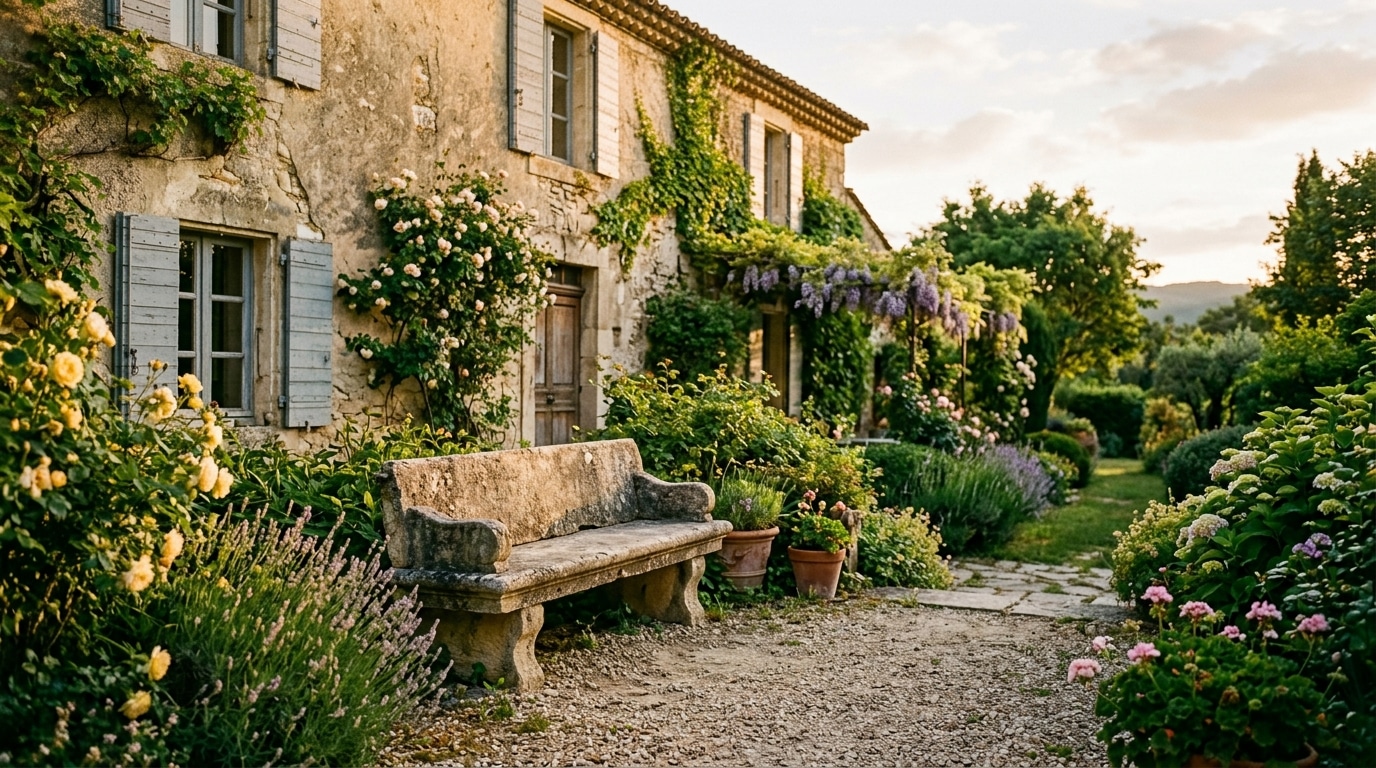 Banc en pierre devant une maison de campagne française