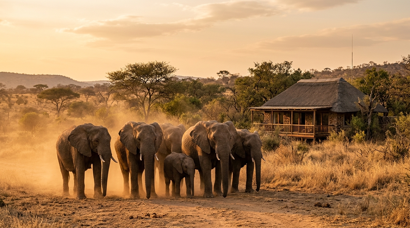 Troupeau d'éléphants immobile devant une maison isolée