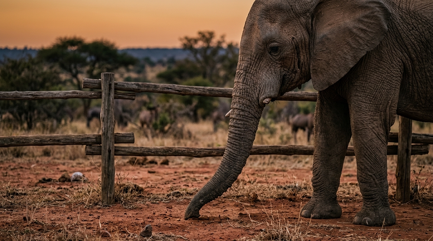 Éléphant touchant le sol avec sa trompe au crépuscule