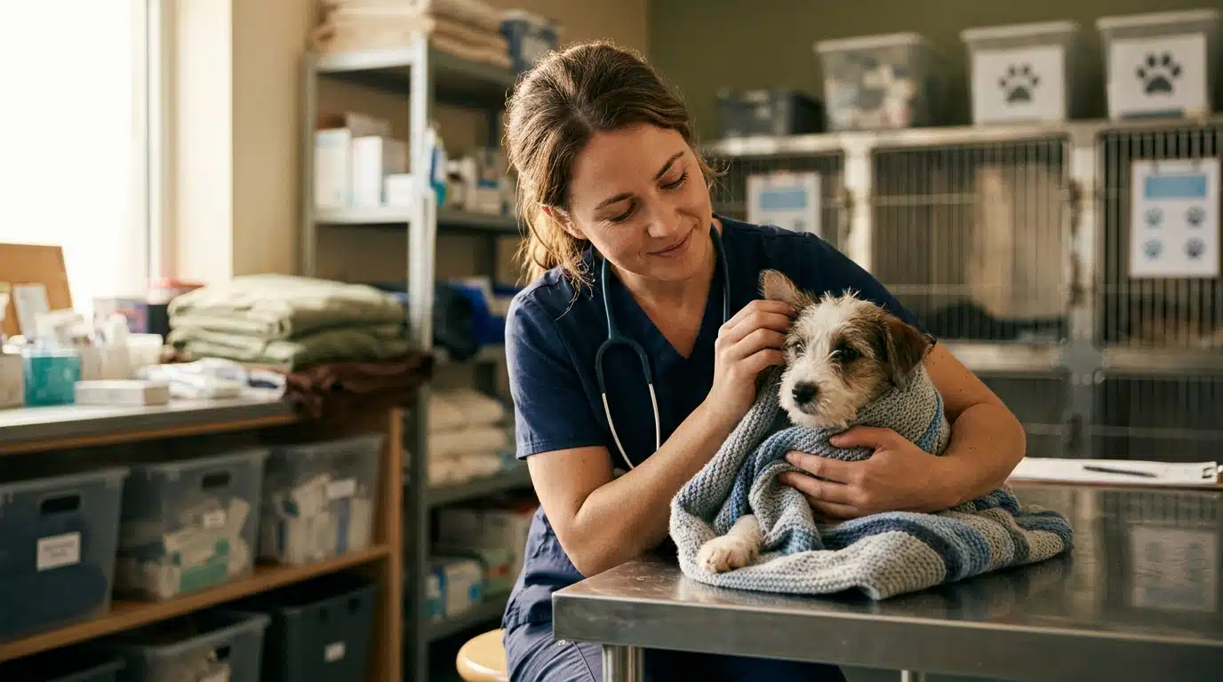 Bénévole tenant un petit chien rescapé dans une couverture