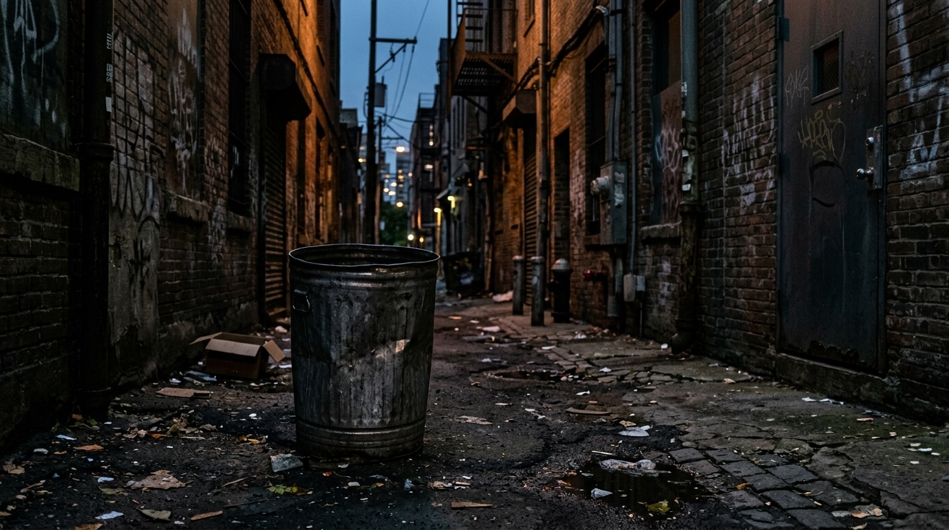 Conteneur à poubelles métallique dans une ruelle urbaine